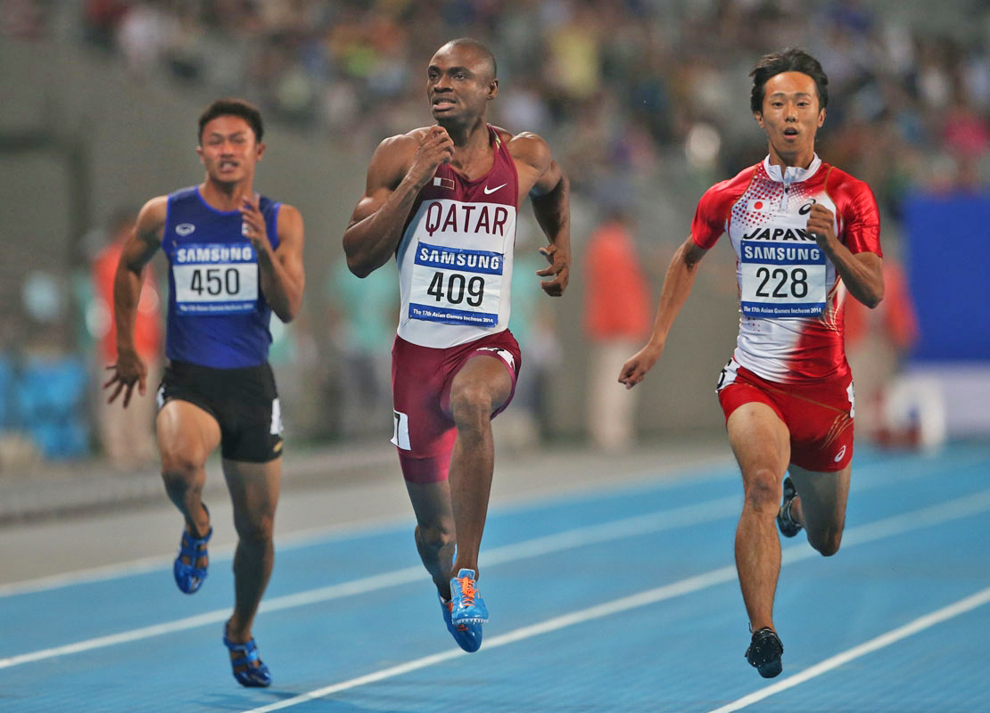 From left, Thailand's Ruttanapon Sowan, Qatar's Femi Ogunode and Japan's key Takase compete in the men's 100 meters semi final at the 17th Asian Games in Incheon, South Korea, Sunday, Sept. 28, 2014.