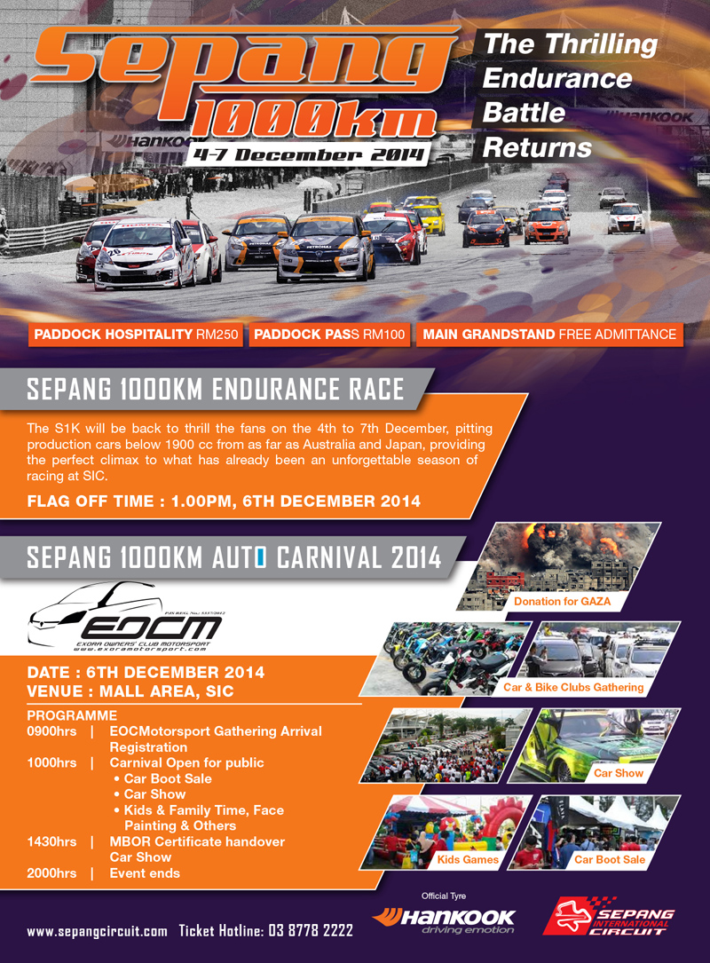 The Sepang 1000 km Endurance Race is a 1,000-kilometre (620-mile) endurance racing event held annually since 2009 at the Sepang International Circuit in December.