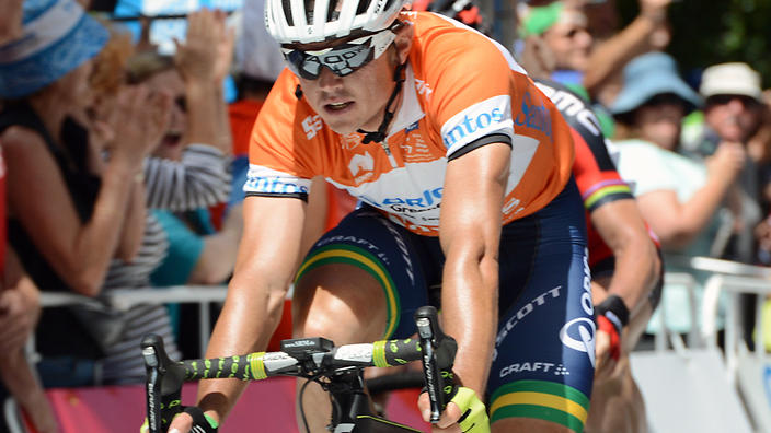 Australia's Simon Gerrans of team Orica-GreenEdge finishes second on stage 2 of the Tour Down Under in Stirling, near Adelaide, Wednesday, Jan. 22, 2014. The stage was won by Italy's Diego Ulissi of team Lampre-Merida. (AAP Image/Dan Peled) NO ARCHIVING , EDITORIAL USE ONLY