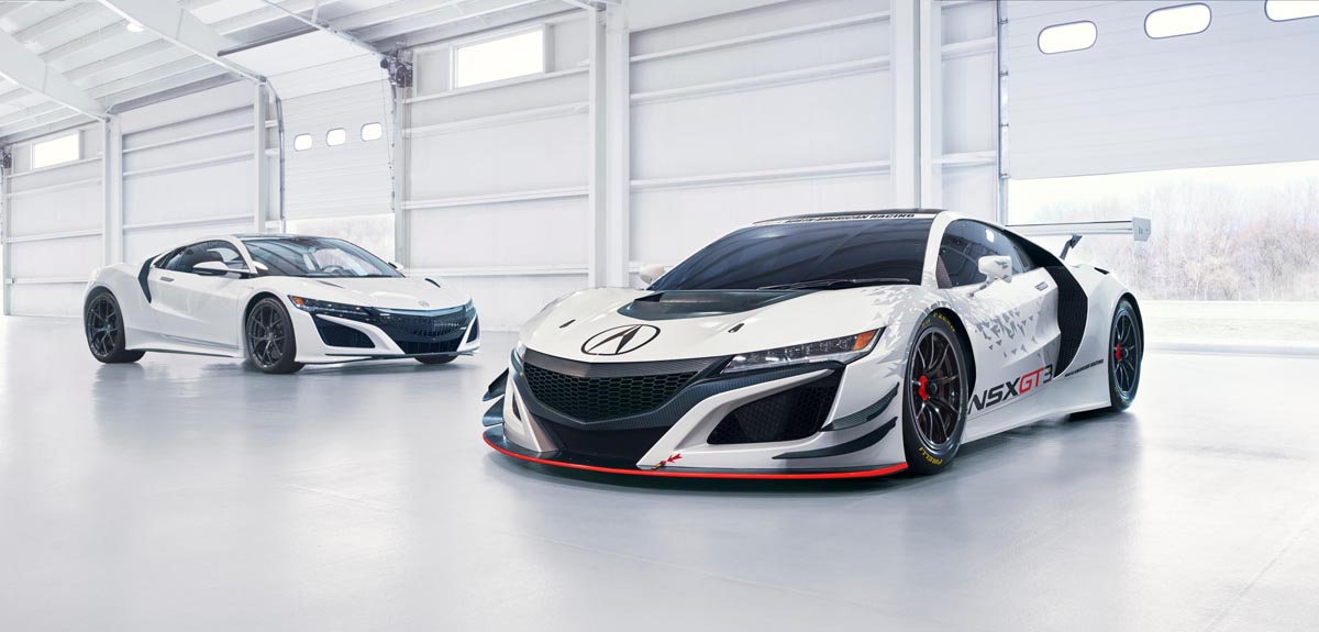 The unveiled Acura NSX GT3 racecar featured custom bodywork and aero components including a large deck wing spoiler, underbody diffuser and enlarged hood vents for efficient engine cooling.