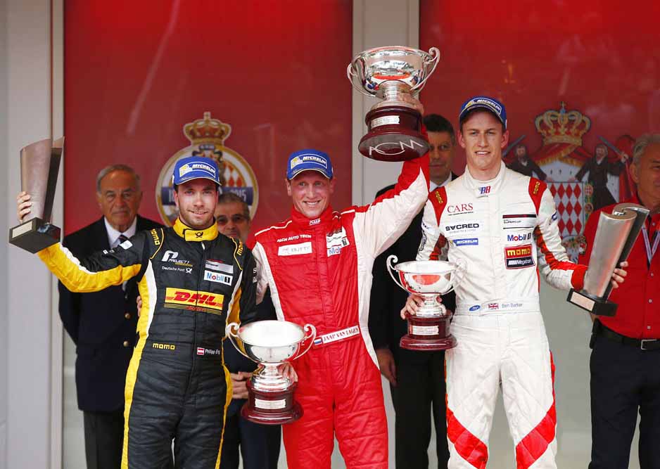 MOMO Megatron Team Partrax: P3 Porsche Mobil1 Super Cup Monaco 2015. From left: P2 Philipp Eng, P1 Jaap van Laagen, P3 Ben Barker