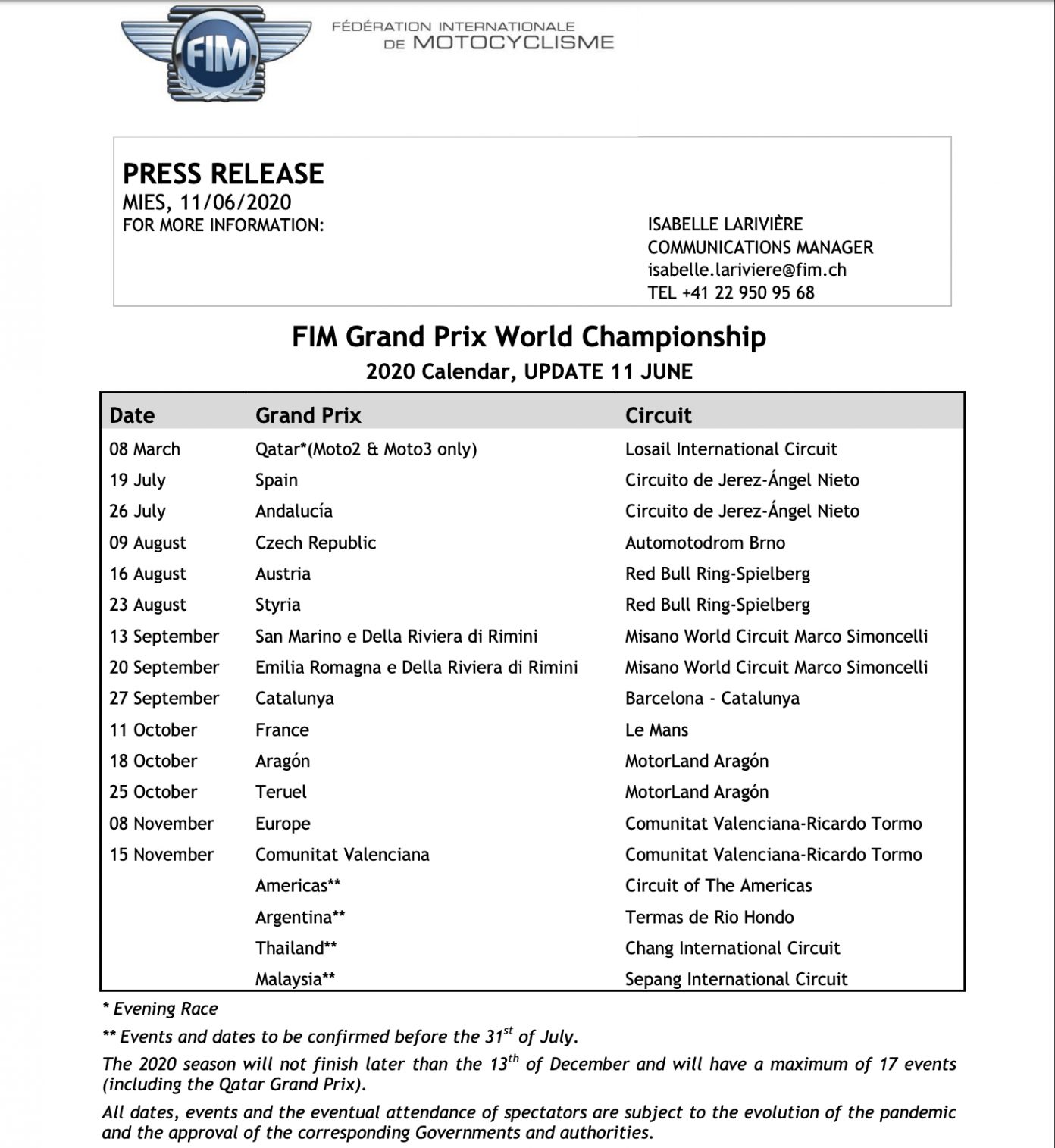 Revised 2020 FIM MotoGP™ World Championship calendar Sports247